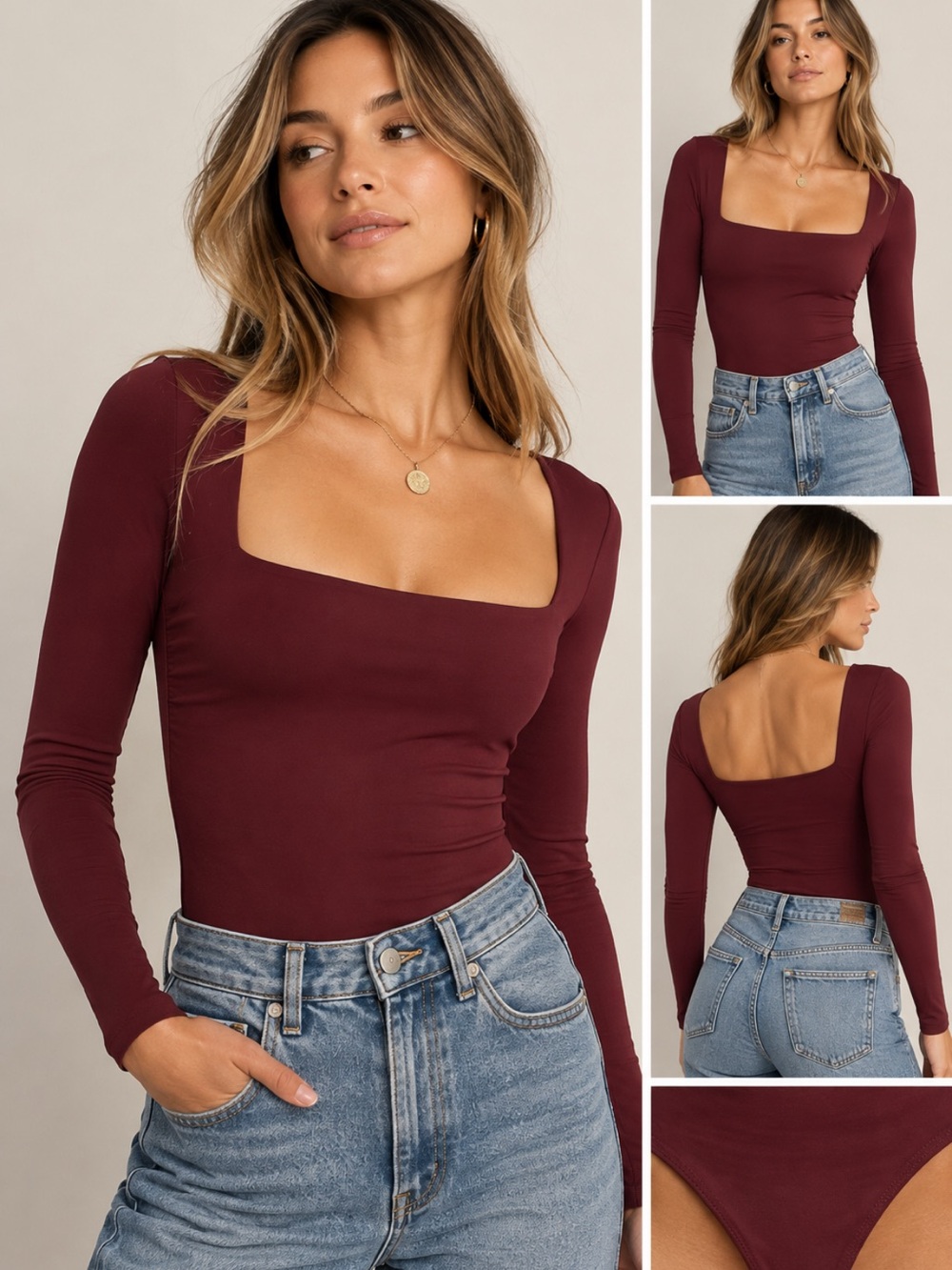 Aritzia Contour Headway Square Neck Bodysuit Long Sleeve | Burgundy | 2XS